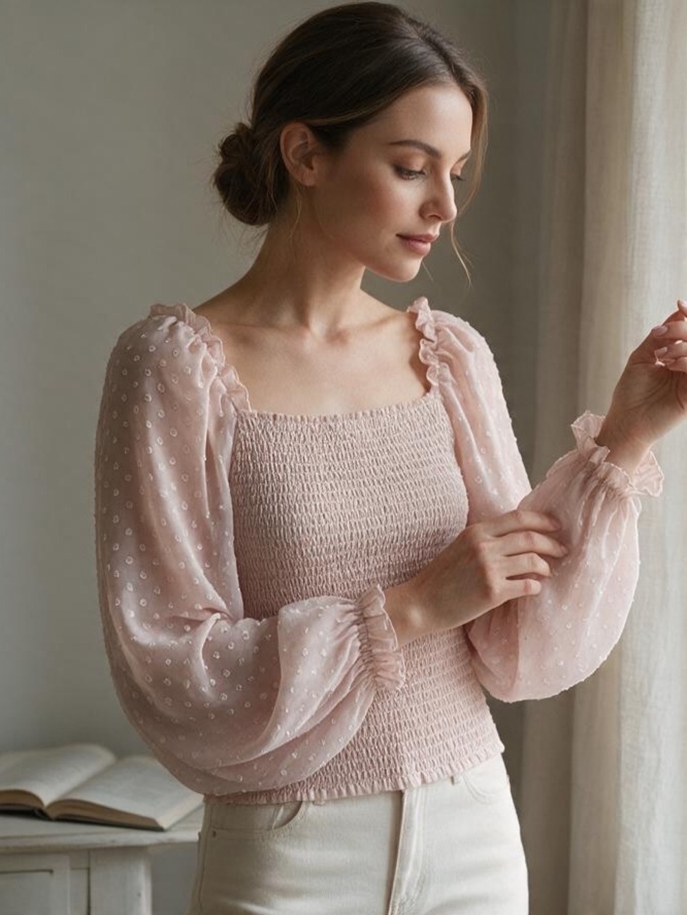 🌸 Laundry by Shelli Segal Pink Smocked Long Sleeve Blouse Size Extra Small EUC